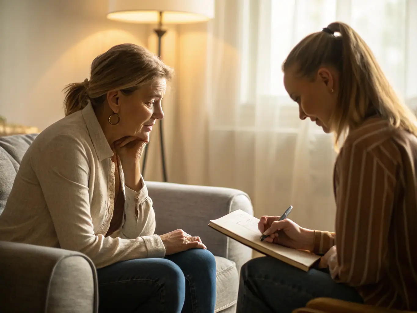 An image of a business coach providing one-on-one mentoring to a client in a relaxed office setting.