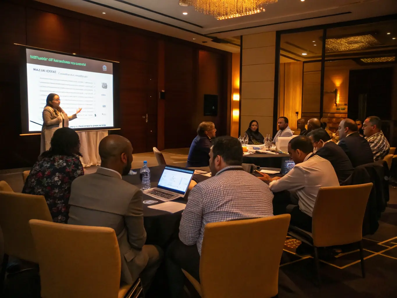 An image of a business coach leading a workshop, with participants actively engaged in a team-building exercise.