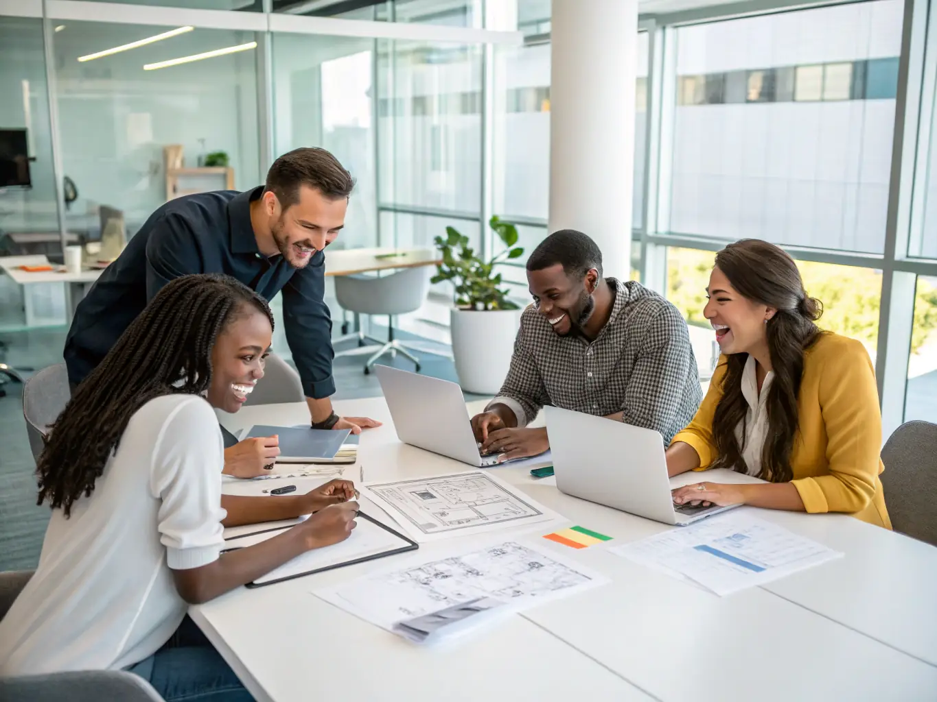 An image of a diverse team engaged in a lively, positive discussion in a modern office setting, representing Workplace Positivity Coaching.