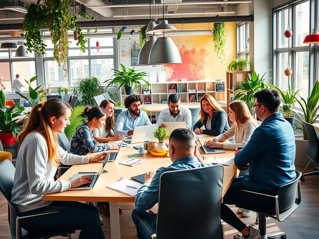 A diverse team of employees collaborating positively in a bright and modern office space, reflecting a positive workplace culture.