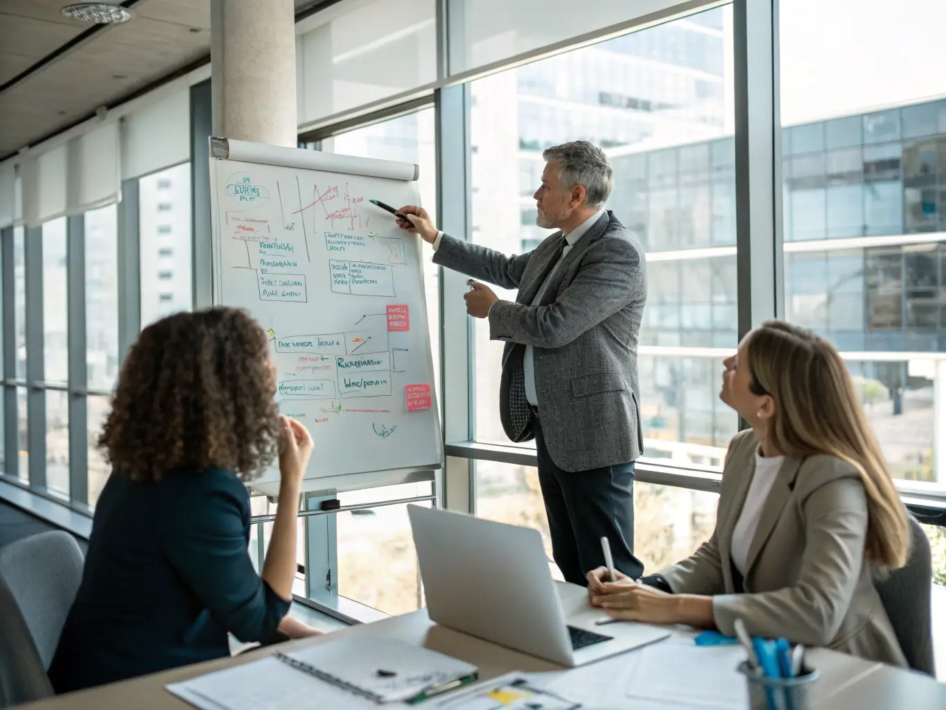 A business coach in a modern office setting, guiding a team through a strategic planning session, with charts and graphs visible in the background.